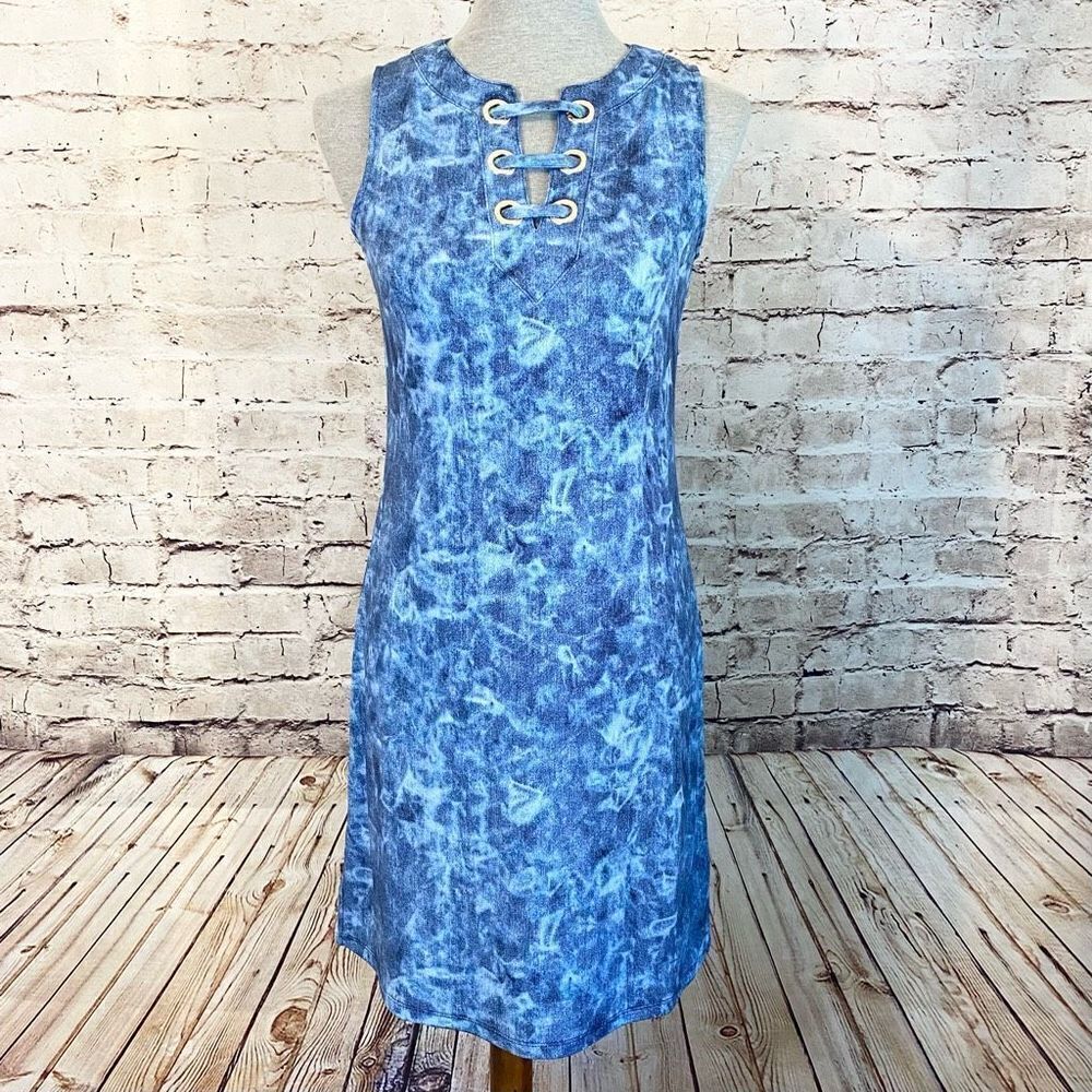 Michael Kors Blue True Navy Midi Dress Gold Grommets Sleeveless Size XS